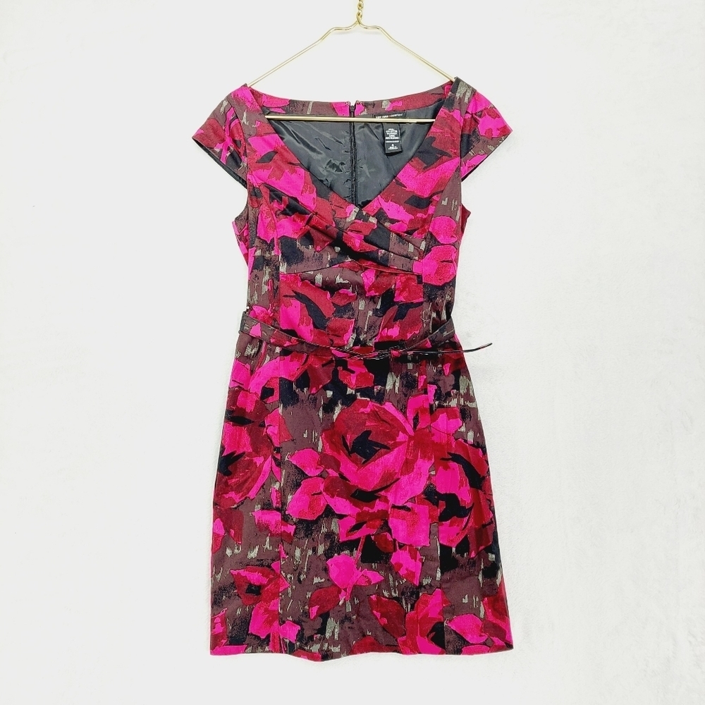 New York & Company Black Pink Floral Summer V Neck Midi Dress P1354
